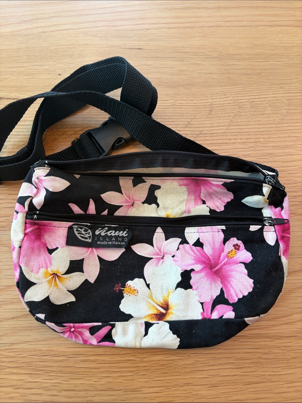Black Floral Waist Bag - Pink & White Hibiscus